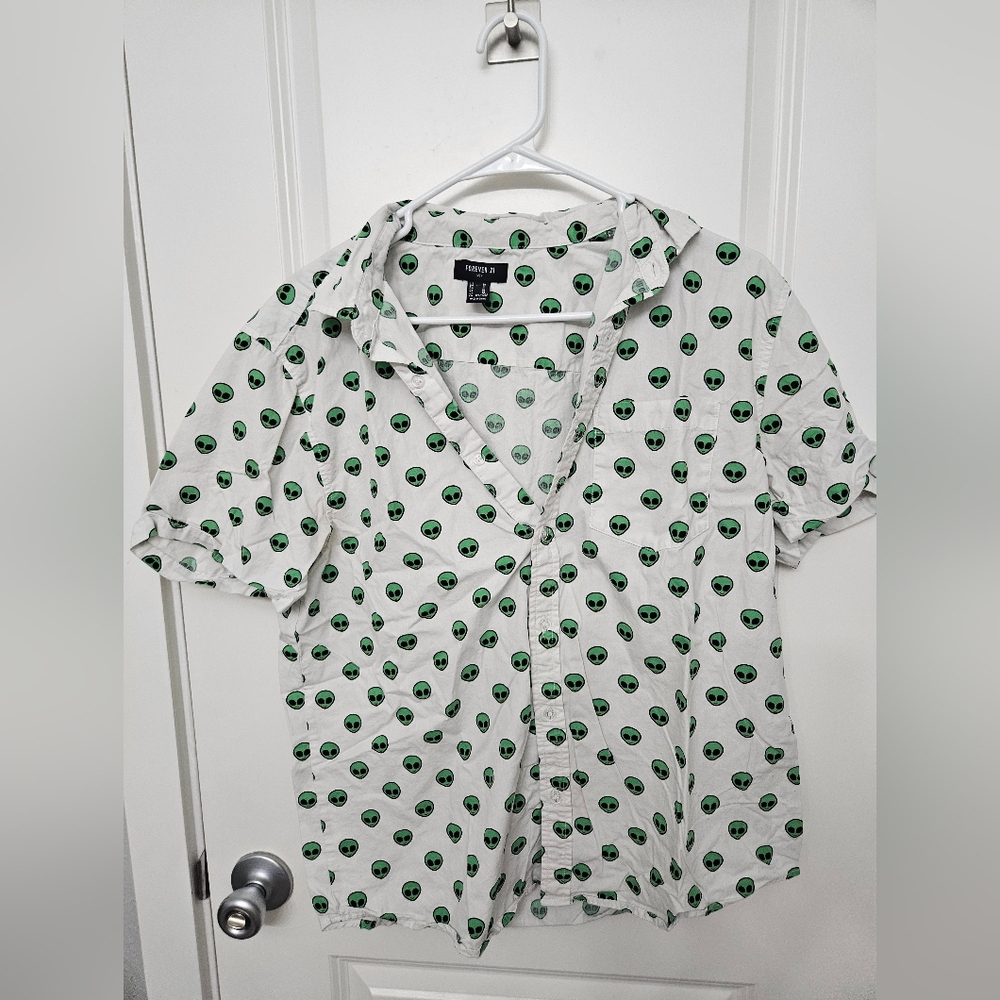 Forever 21 Green and White Alien Button Down Shirt Medium